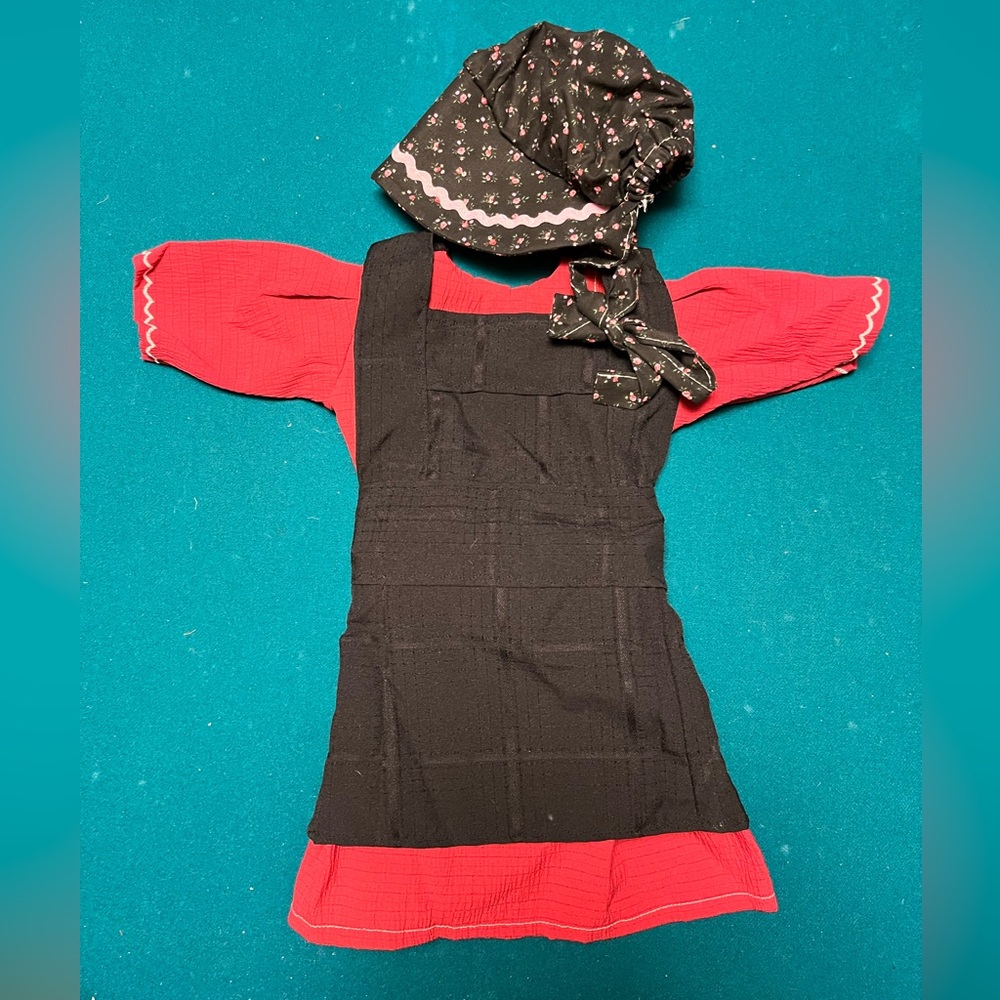 Doll Amish Red Dress with Black Apron and Matching Bonnet for 18” doll